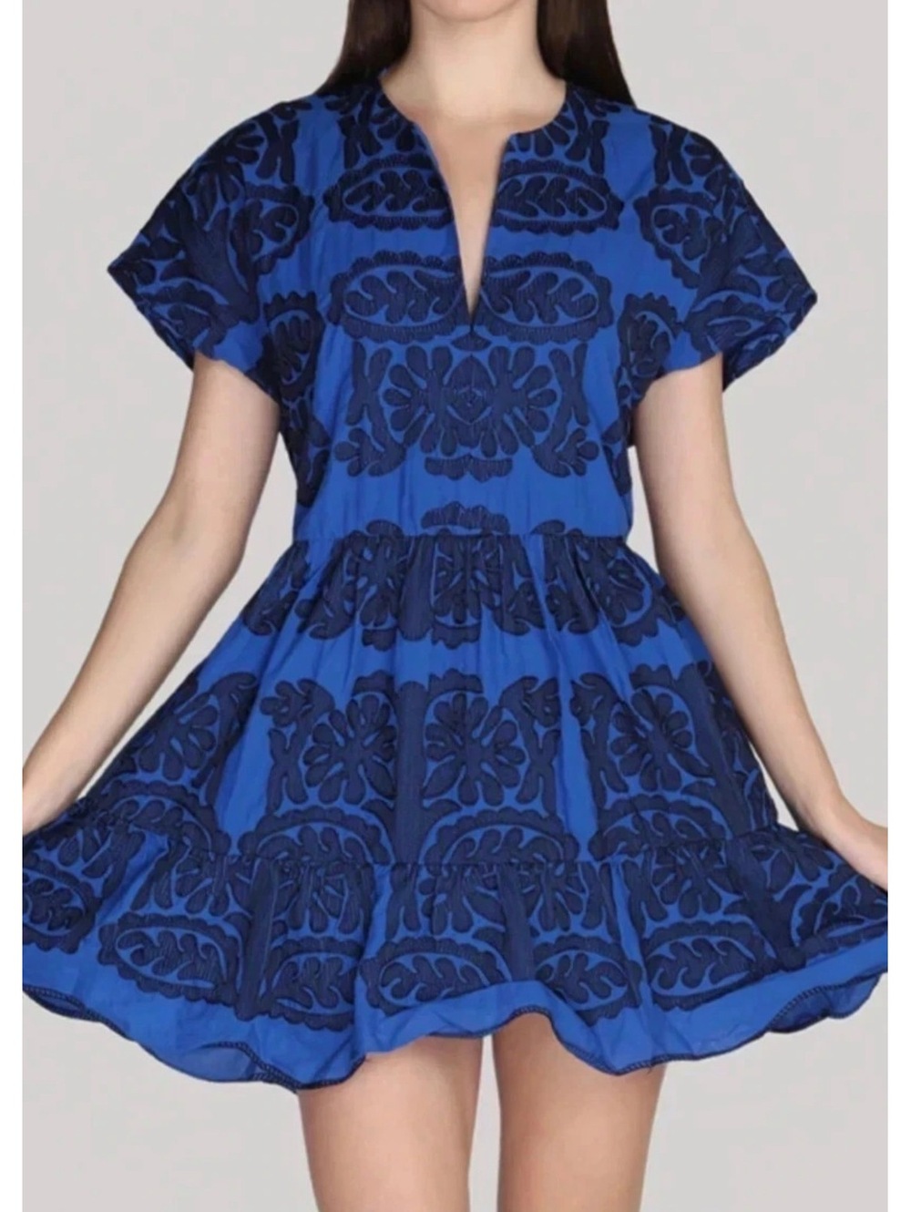 Zara Blue Black Embroidered Cotton Ruffle Hem Mini Peasant Dress XS - Picture 2 of 8